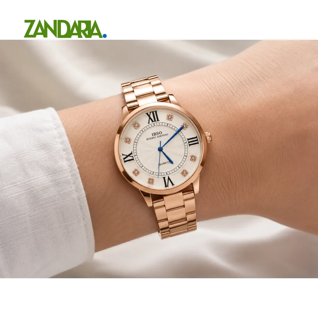 ساعت مچی عقربه‌ای زنانه ایبسو بند استیل رزگلد صفحه سفید نگین دار مدل S8126G
